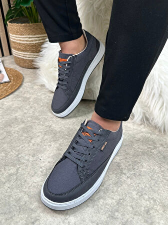 Günlük Erkek Sneaker Bağcıklı Kaymaz Taban Keten Deri Detaylı Oval Burun Spor Yürüyüş Ayakkabı 2545