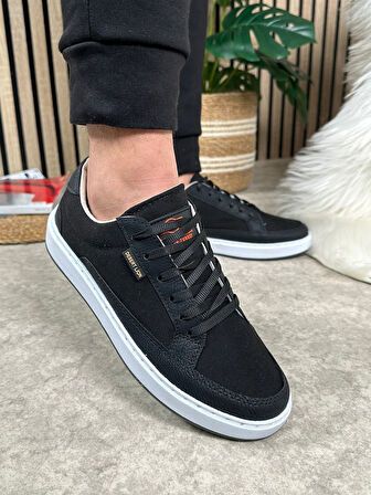 Günlük Erkek Sneaker Bağcıklı Kaymaz Taban Keten Deri Detaylı Oval Burun Spor Yürüyüş Ayakkabı 2545