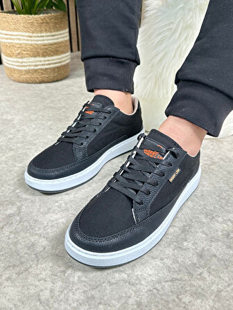 Günlük Erkek Sneaker Bağcıklı Kaymaz Taban Keten Deri Detaylı Oval Burun Spor Yürüyüş Ayakkabı 2545