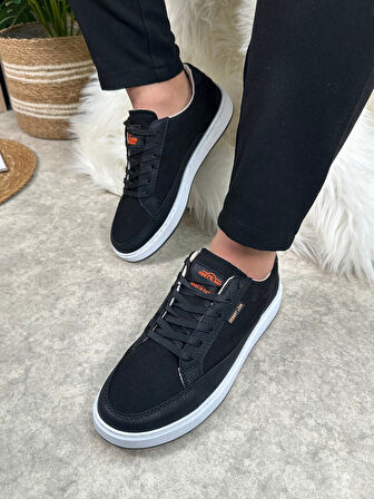 Günlük Erkek Sneaker Bağcıklı Kaymaz Taban Keten Deri Detaylı Oval Burun Spor Yürüyüş Ayakkabı 2545