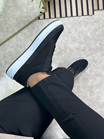 Günlük Erkek Sneaker Bağcıklı Kaymaz Taban Keten Deri Detaylı Oval Burun Spor Yürüyüş Ayakkabı 2545