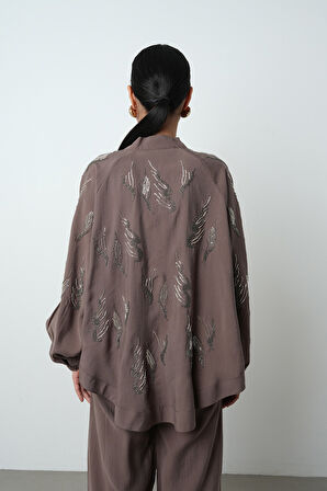 Kadın Arkası Ve Kolları Taş İşlemeli Oversize Kimono