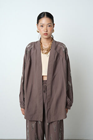 Kadın Arkası Ve Kolları Taş İşlemeli Oversize Kimono