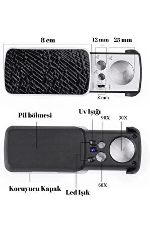TH-774 Üç Mercekli Işıklı Büyüteç – 30X 60X 90X Zoom, Uv ve LED Işıklı