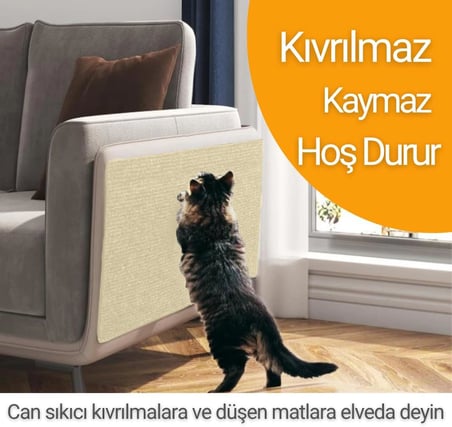 Kedi Tırmalama Halısı Yapışkanlı Her Yüzeye Uygulanabilir Kesilebilir Mobilya Koruyucu Mat (Krem, 40x50)