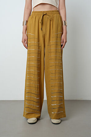 Kadın Yatay Şerit Taş İşlemeli Düz Renk Beli Lastikli Bol Paça Pantolon