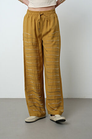 Kadın Yatay Şerit Taş İşlemeli Düz Renk Beli Lastikli Bol Paça Pantolon