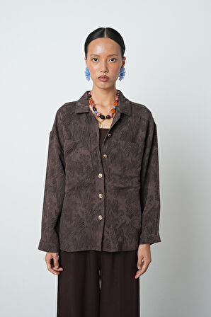 Kadın Kahverengi Çift Cepli Desenli Gömlek - Ceket