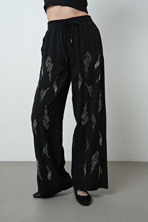 Kadın Önü Taş İşlemeli Düz Renk Beli Lastikli Bol Paça Pantolon