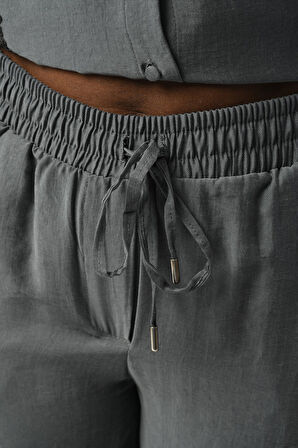 KADIN BELİ LASTİKLİ BOL PAÇA ÖNÜ PUL PAYET İŞLEMELİ ANTRASİT PANTOLON