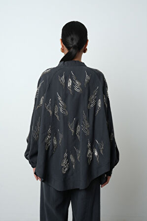Kadın Arkası Ve Kolları Taş İşlemeli Oversize Kimono