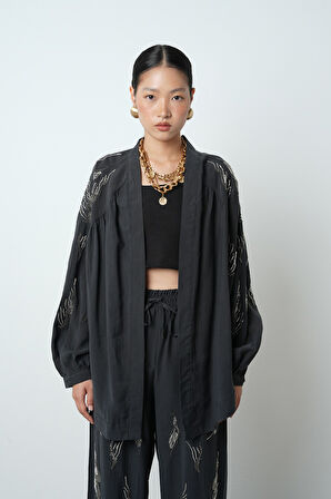 Kadın Arkası Ve Kolları Taş İşlemeli Oversize Kimono