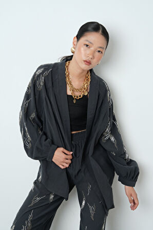 Kadın Arkası Ve Kolları Taş İşlemeli Oversize Kimono