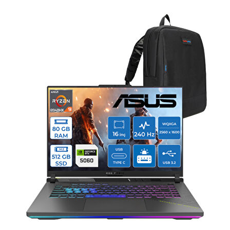 Asus Rog Strix G16 G614PM-S5062 Amd Ryzen 9 8940HX Aı 80GB GB 512GB 8GB/RTX5060 Gddr7 115W 16"/ 2.5k (2560 x 1600, Wqxga) 3ms 240Hz, 500 Nits Freedos Gaming Taşınabilir Bilgisayar WS5062F33+ZETTAÇANTA