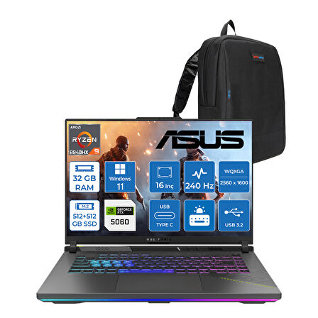 Asus Rog Strix G16 G614PM-S5062 Amd Ryzen 9 8940HX Aı 32GB GB 512GB SSD+512GB 8GB/RTX5060 Gddr7 115W 16"/ 2.5k (2560 x 1600, Wqxga) 3ms 240Hz, 500 Nits WINDOWS11PRO Gaming Laptop WS5062W10+ZETTAÇANTA