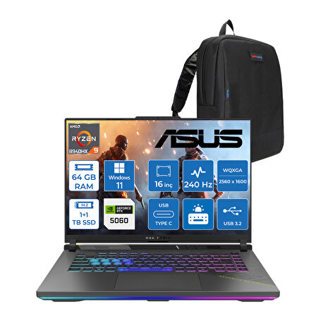 Asus Rog Strix G16 G614PM-S5062 Amd Ryzen 9 8940HX Aı 64GB GB 1tb Ssd+1tbssd 8GB/RTX5060 Gddr7 115W 16"/ 2.5k (2560 x 1600, Wqxga) 3ms 240Hz, 500 Nits Windows 11 Pro Gaming Laptop WS5062W28+ZETTAÇANTA