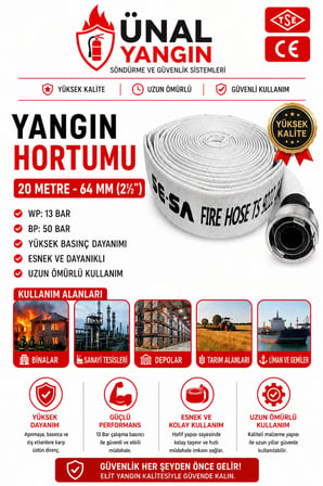 20 Metre Yangın Hortumu 64 mm (21⁄2) Wp 13 bar Bp 50 bar TSE & CE Belgeli Yüksek Basınç