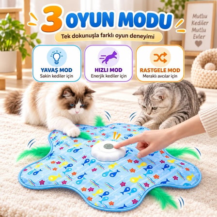 İnteraktif Kedi Oyuncağı - Otomatik Hareketli Tüy, Saklambaç Oyun Matı - 3 Modlu, Dokunmatik Aktivasyonlu, USB Şarjlı Elektronik Evcil Hayvan Eğlence Oyunu