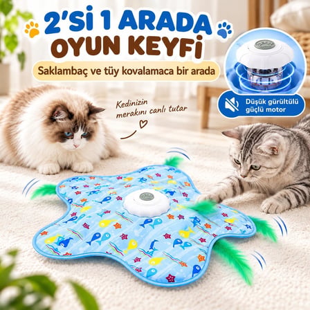 İnteraktif Kedi Oyuncağı - Otomatik Hareketli Tüy, Saklambaç Oyun Matı - 3 Modlu, Dokunmatik Aktivasyonlu, USB Şarjlı Elektronik Evcil Hayvan Eğlence Oyunu
