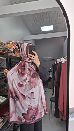 Aminenesil Bambu Kraş Çiçek Desen Şal Bordo Bej Renk
