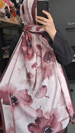 Aminenesil Bambu Kraş Çiçek Desen Şal Bordo Bej Renk
