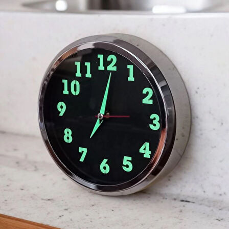 Fosforlu Gümüş Renkli Metal Mini Duvar Saati Çap 20 cm Küçük Saat