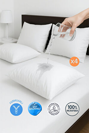 4 Adet Beyaz Fermuarlı Sıvı Geçirmez Yastık Alezi Yastık Koruyucu