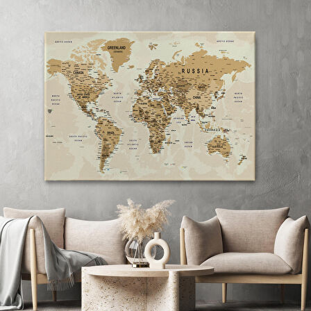 Harita Sepeti Dünya Haritası Son Derece Ayrıntılı Eğitici Okyanuslu Dekoratif Kanvas Tablo 2545