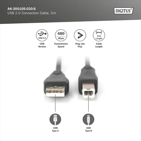 Assmann Ak-300105-030-S Usb 2.0 Bağlantı Kablosu, Tip A - B Erkek/Erkek, 3, 0 M, Usb 2.0 Uyumlu, Bl