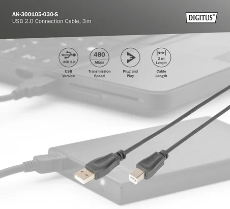 Assmann Ak-300105-030-S Usb 2.0 Bağlantı Kablosu, Tip A - B Erkek/Erkek, 3, 0 M, Usb 2.0 Uyumlu, Bl