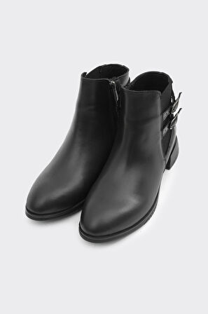 Hakiki Deri Çift Tokalı Fermuarlı Kadın Bot 