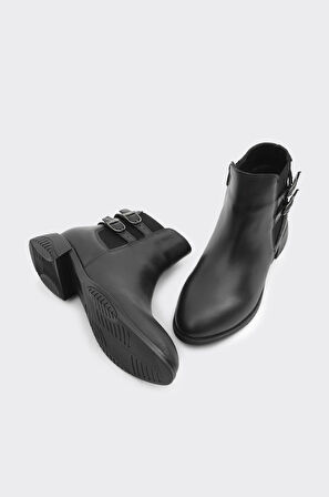 Hakiki Deri Çift Tokalı Fermuarlı Kadın Bot 