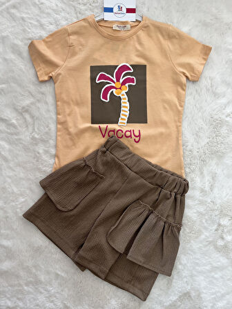 Palmiyeli Eteği Müslin Kız İkili Takım