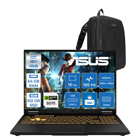 Asus Tuf Gaming F16 FX608JPR 14. Nesil Intel I7-14650HX 64GB Ddr5 512GB SSD 8GB/RTX5070 115W 165Hz 16"wqxga 2.5k 400NITS IPS Freedos Gaming Bilg. WQT070F17+ZETTAÇANTA
