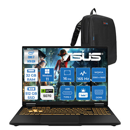 Asus Tuf Gaming F16 FX608JPR 14. Nesil Intel I7-14650HX 32GB Ddr5 512GB SSD 8GB/RTX5070 115W 165Hz 16"wqxga 2.5k 400NITS IPS Windows 11 Pro Gaming Bilg. WQT070P07+ZETTAÇANTA