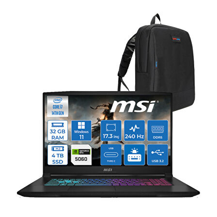 Msı Katana 17 Hx B14WFK-215XTR 14. Nesil Intel I7-14650HX 32GB Ddr5 4tb SSD 8GB/RTX5060 115W 17.3" Qhd (2560*1440), 240Hz IPS Windows 11 Pro Taşınabilir Bilgisayar. W215XTRP10+ZETTAÇANTA