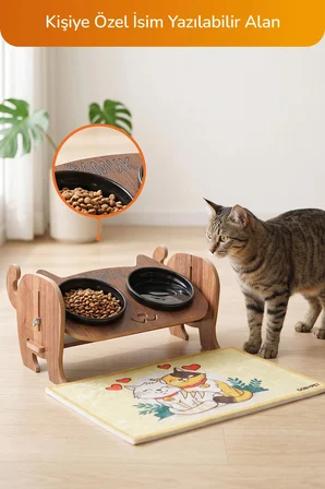 Ahşap Özel Isim Baskılı, Kedi Mama Seramik Su Kabı Standı Hediye Kedi Halısı