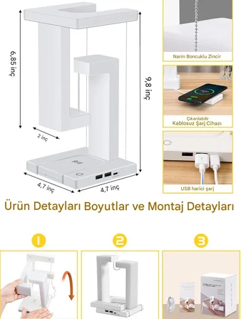 QASUL Kablosuz Şarj Cihazı Masa Lambası, Çift USB Bağlantı Noktası ve 3 Işık Modu Dokunmatik Lamba, Ofis, Yatak Odası, Oturma     (Tensegri )masa lambası, dengeli süspansiyonun fizik prensibi kullanılarak gerilim yapısı ile tasarlanmıştır. Ayırt edic