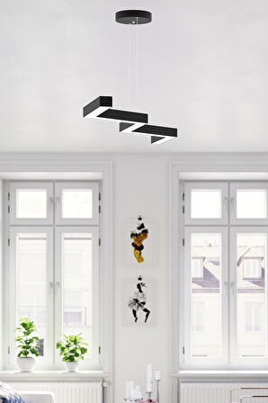 Zigzag ( Siyah Kasa, Beyaz Işık ) Ledli Modern Led Avize, Salon, Mutfak, Oturma Yatak Odası, Sarkıt