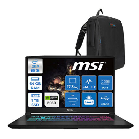 Msı Katana 17 Hx B14WFK-217TR 14. Nesil Intel İ9-14900HX 64GB Ddr5 1tb SSD 8GB/RTX5060 115W 17.3" Qhd (2560*1440), 240Hz IPS Freedos Taşınabilir Bilgisayar. W217TRF18+ZETTAÇANTA