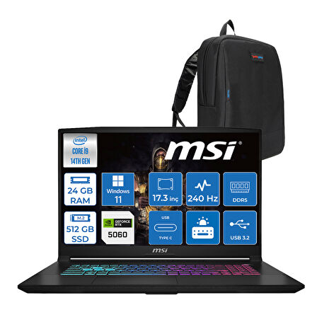 Msı Katana 17 Hx B14WFK-217TR 14. Nesil Intel İ9-14900HX 24GB Ddr5 512GB SSD 8GB/RTX5060 115W 17.3" Qhd (2560*1440), 240Hz IPS Windows 11 Home Taşınabilir Bilgisayar. W217TRH02+ZETTAÇANTA