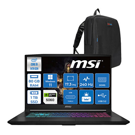 Msı Katana 17 Hx B14WFK-217TR 14. Nesil Intel İ9-14900HX 80GB Ddr5 1tb SSD 8GB/RTX5060 115W 17.3" Qhd (2560*1440), 240Hz IPS Windows 11 Home Taşınabilir Bilgisayar. W217TRH23+ZETTAÇANTA