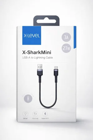 XCC8699 X-SharkMini USB-A to Lightning Hızlı Şarj ve Data Kablosu 30cm 3A 27W QC 3.0 PD Destekli 480 Mbps Veri Aktarım Örgü Hasır Alüminyum Uç Dayanıklı Kısa Şarj Kablosu | XCC8699