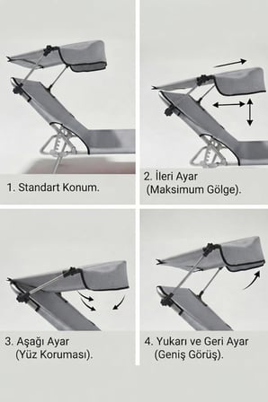 ecm proger Gölgelikli Katlanabilir Şezlong, Havuz, Bahçe ve Teras için, Yastıklı, Alüminyum, Gri, Modern Stil