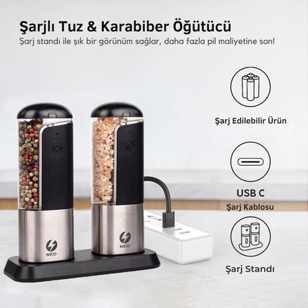 Neo Şarjlı Stantlı Karabiber, Tuz Öğütücü, Şarjlı Otomatik Tuz Öğütücü, 3 Kademe Ayarlı Baharat Değirmeni, LED Işıklı Tuzluk &amp; Biberlik, Portatif Her Alana Uygun Kullanım