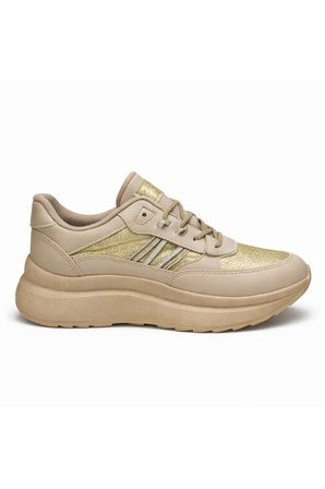 Kadın Bej Altın Simli Kalın Taban Sneaker Günlük Rahat Spor Ayakkabı
