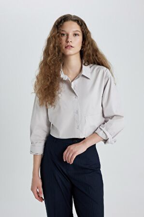 DeFacto Oversize Geniş Kalıp Crop Poplin Uzun Kollu Gömlek C5026AX24SPGR492