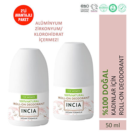 INCIA %100 Doğal Roll On Deodorant Kadınlar İçin Ter Kokusu Önleyici Lekesiz 50 ml X 2 Adet