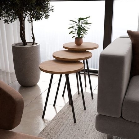 Eco Room Güneş 3'lü Zigon Sehpa - Atlantik Çam - 47x33,6x33,6 cm