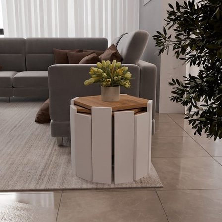 Eco Room İnci 3'lü Sekizgen Zigon Sehpa - Atlantik Çam / Beyaz - 38,5x36x36 cm